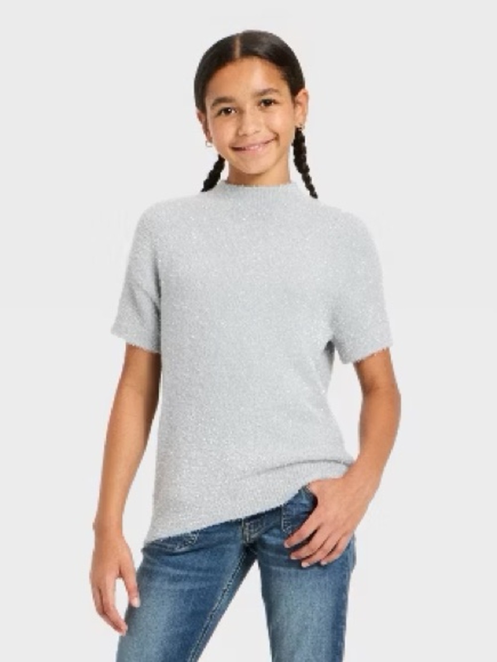 Girls Silver Sparkle Lurex Short-Sleeve Knit Top by Art Class- XL (14/16) NWT